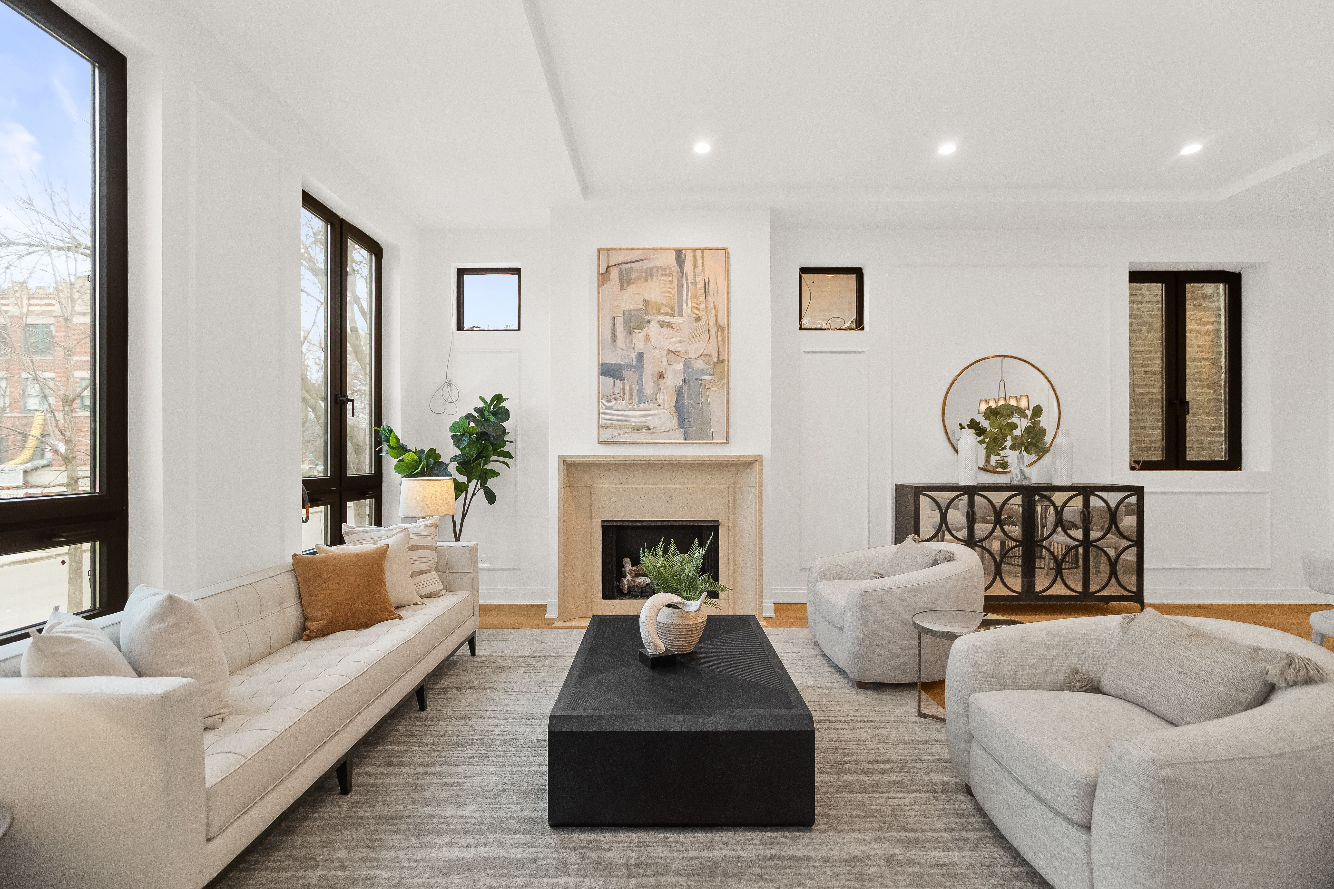 Bright living room with fireplace