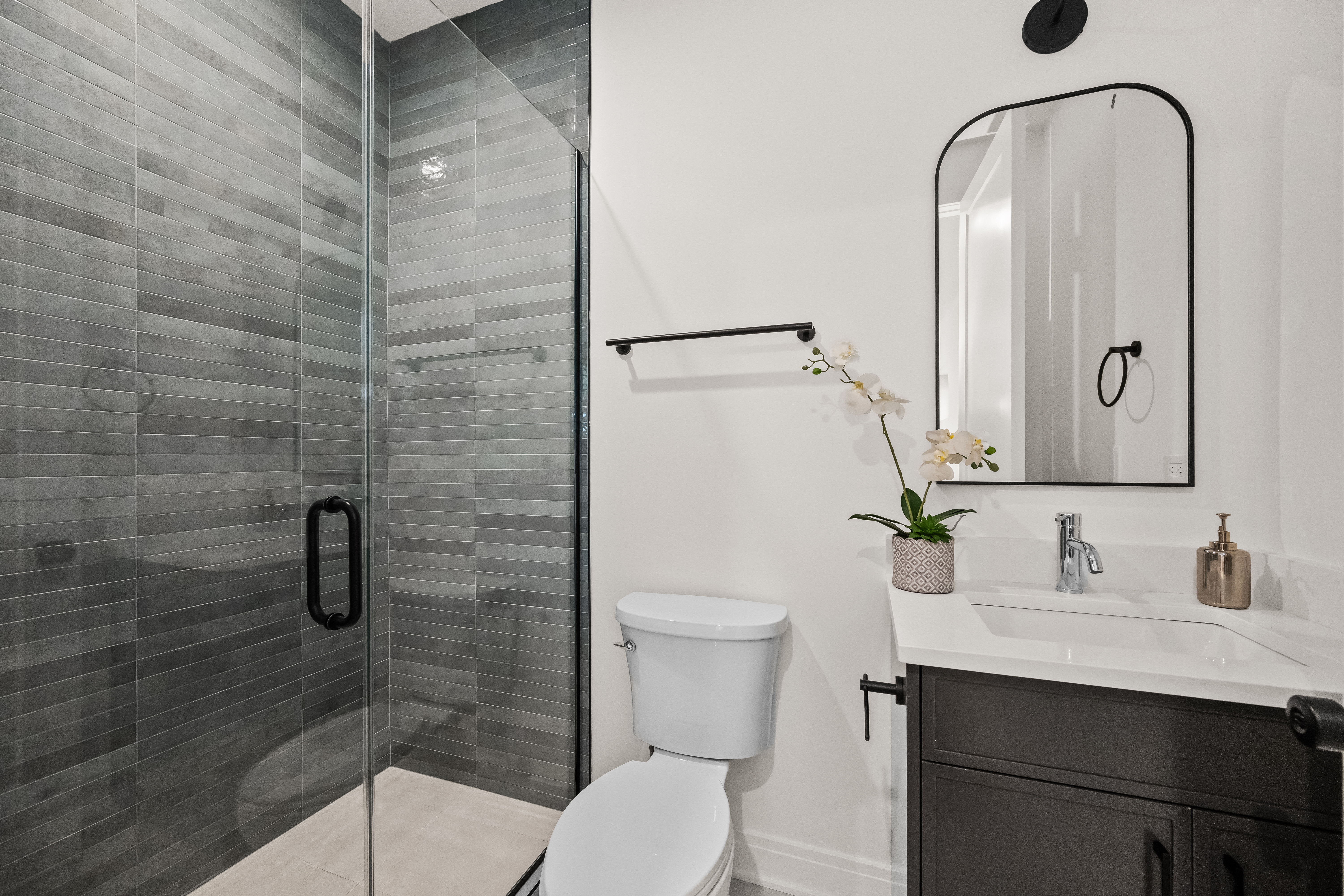 Lower-level bathroom with tiled shower