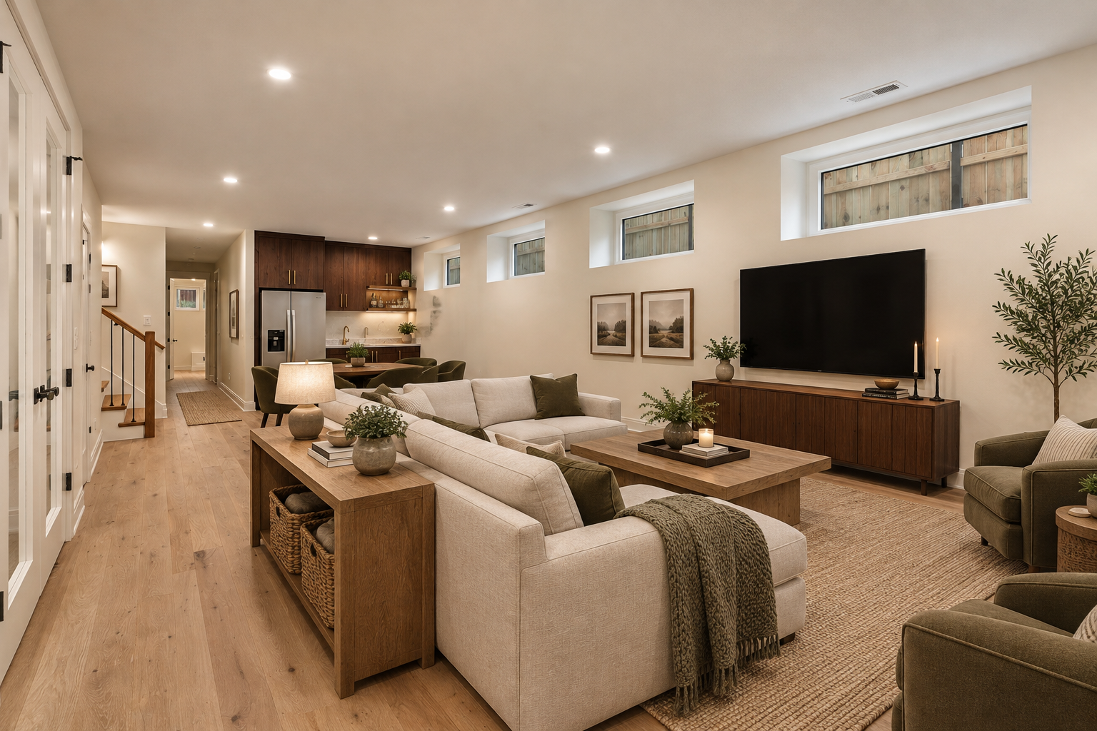 Furnished basement lounge with sectional sofa, television, and wet bar