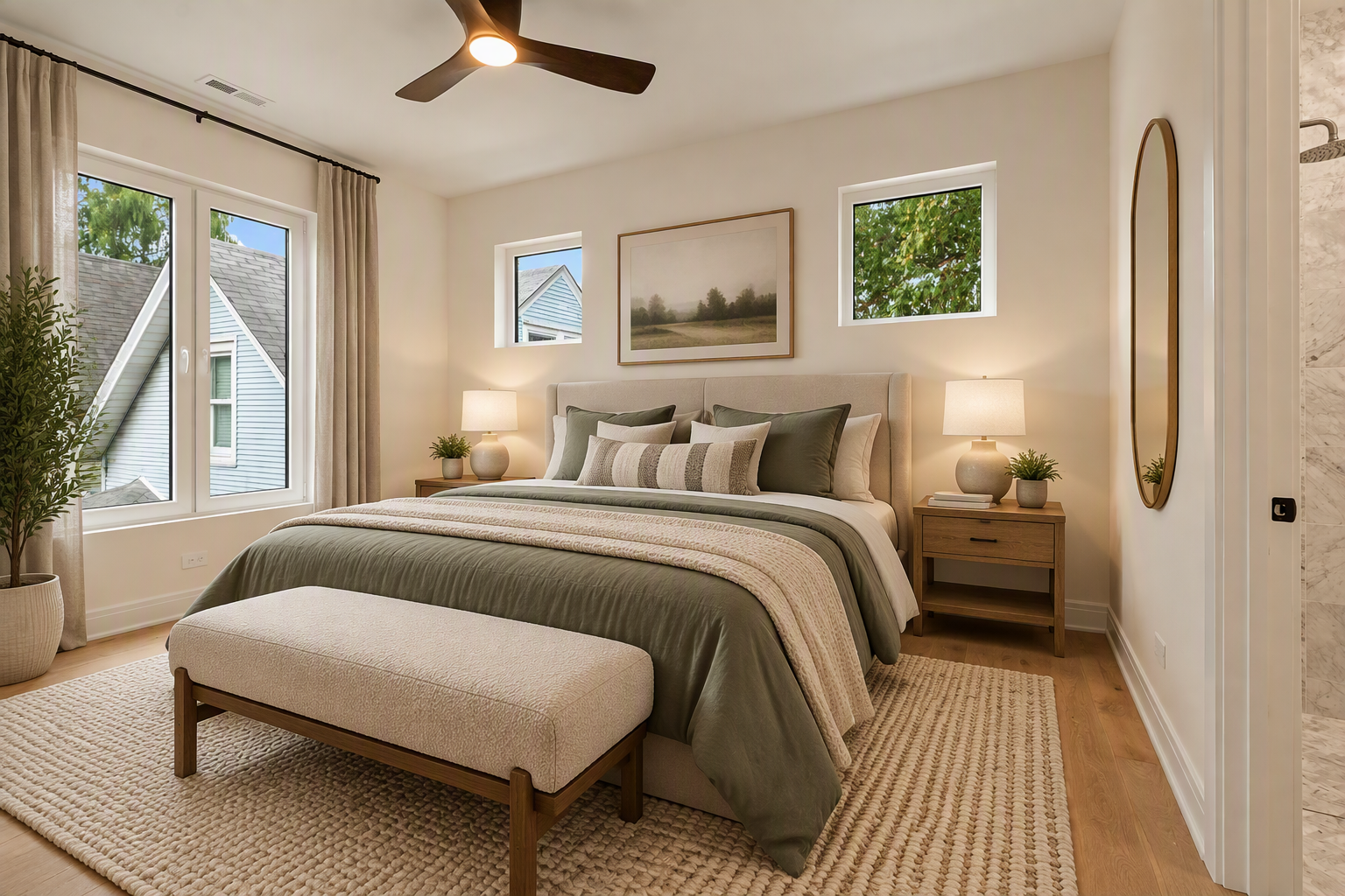 Third bedroom with ceiling fan, green bedding, and upholstered bench