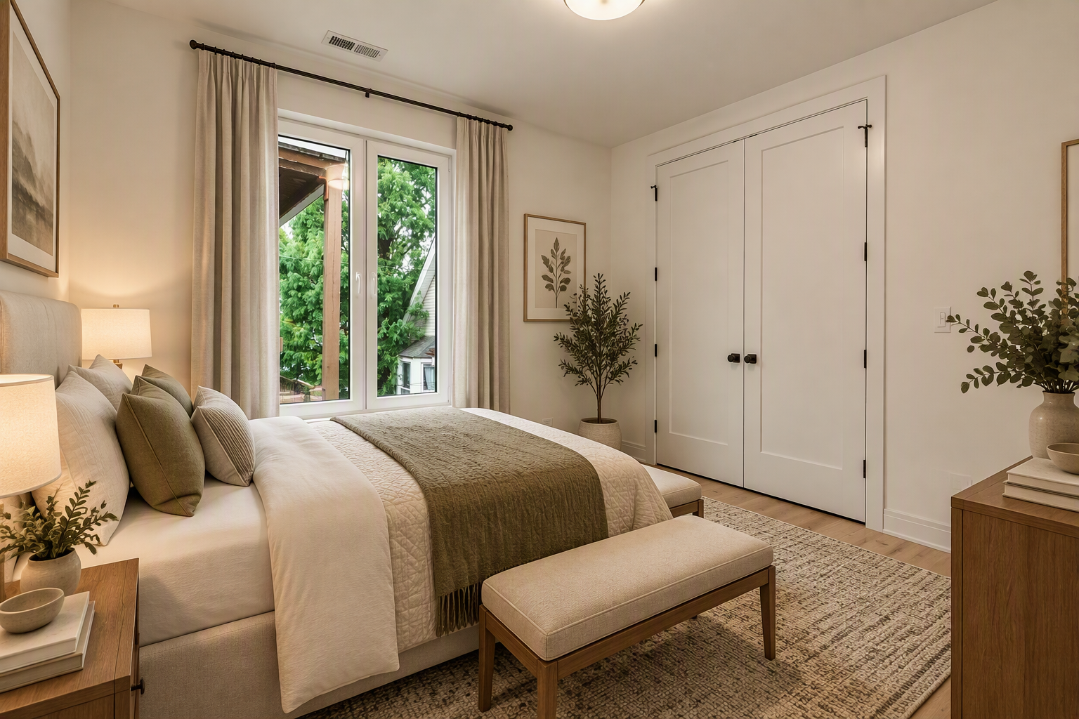 Second bedroom with neutral bedding, upholstered bench, and tall windows