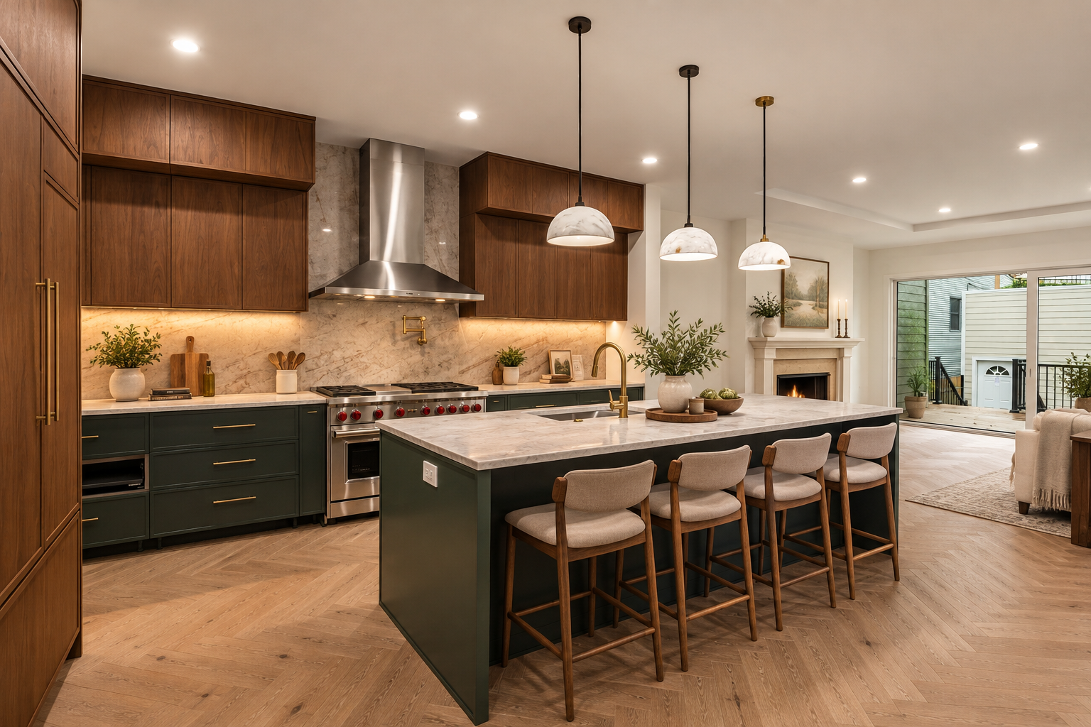 Walnut kitchen with green island, pendant lighting, and counter seating