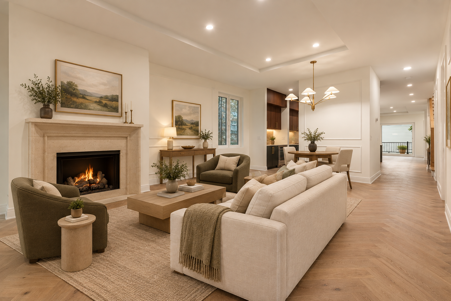 Open-plan living and dining room with fireplace and neutral furnishings