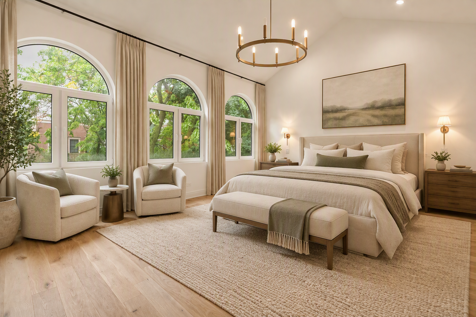 Primary bedroom with arched windows and a seating area