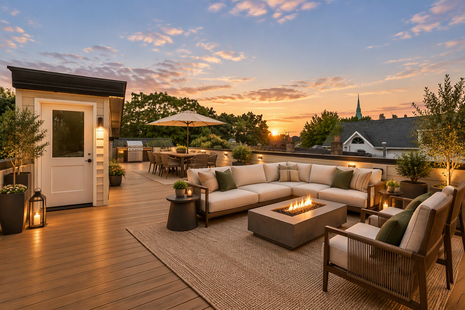 Rooftop terrace at sunset with outdoor seating and fire table